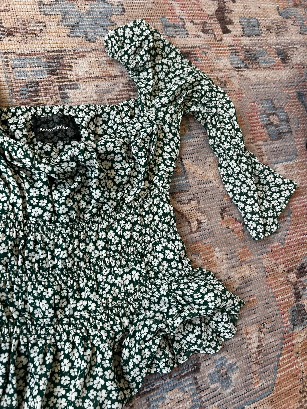 Reformation Green Daisy-Print Square-Neck Puff Sleeve Top